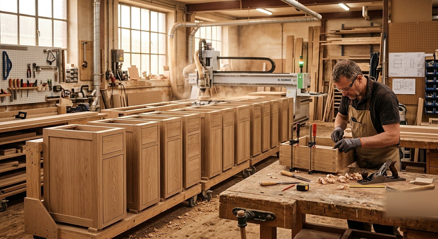 Atelier de production INTARXCELL, enfilade de caissons en chêne