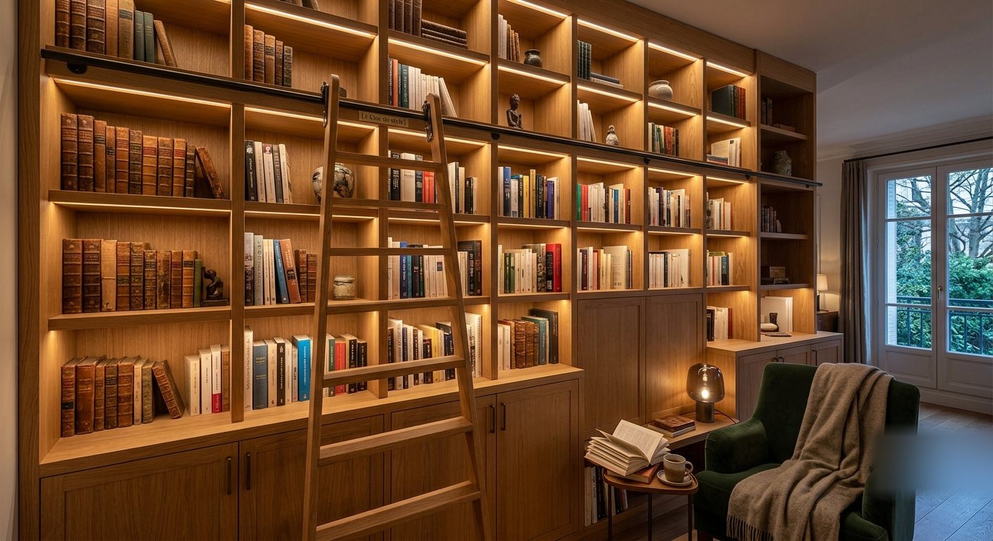 Bibliothèque-mur toute hauteur avec échelle