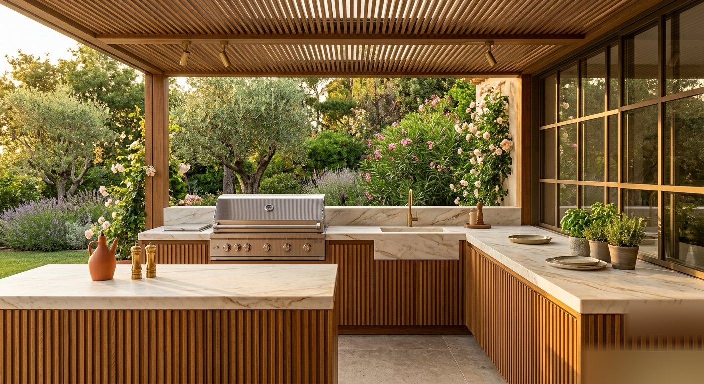 Cuisine d'été extérieure en bois et pierre sous pergola
