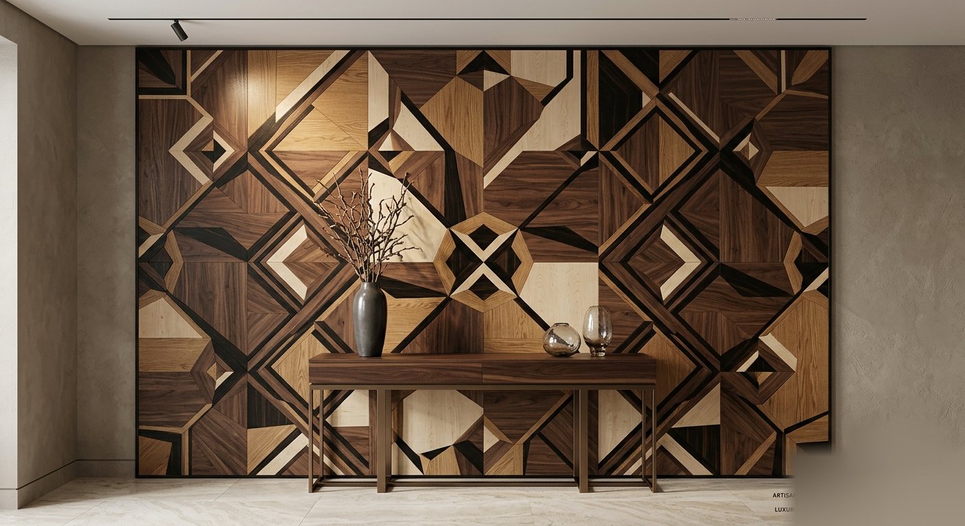 Panneau de marqueterie géométrique en bois précieux