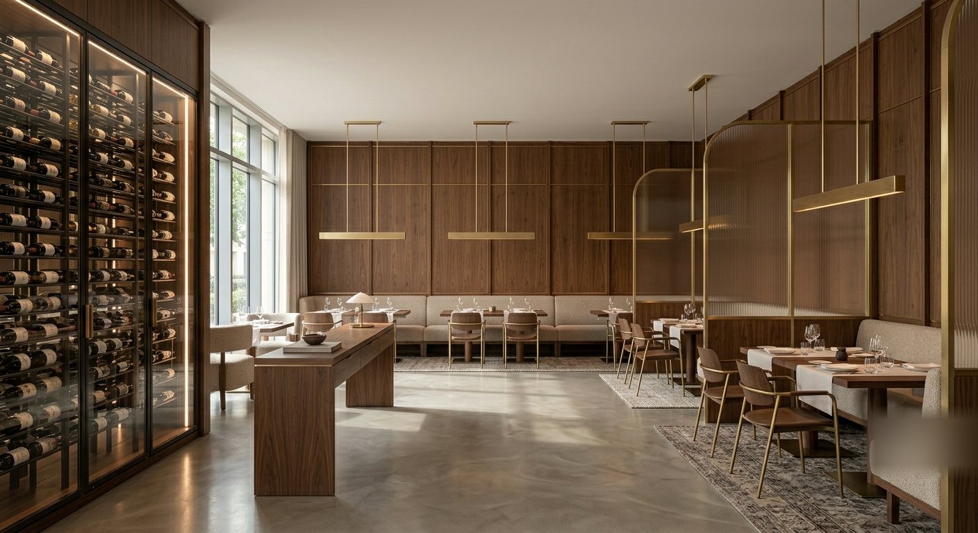 Restaurant avec cave à vin vitrée et banquettes