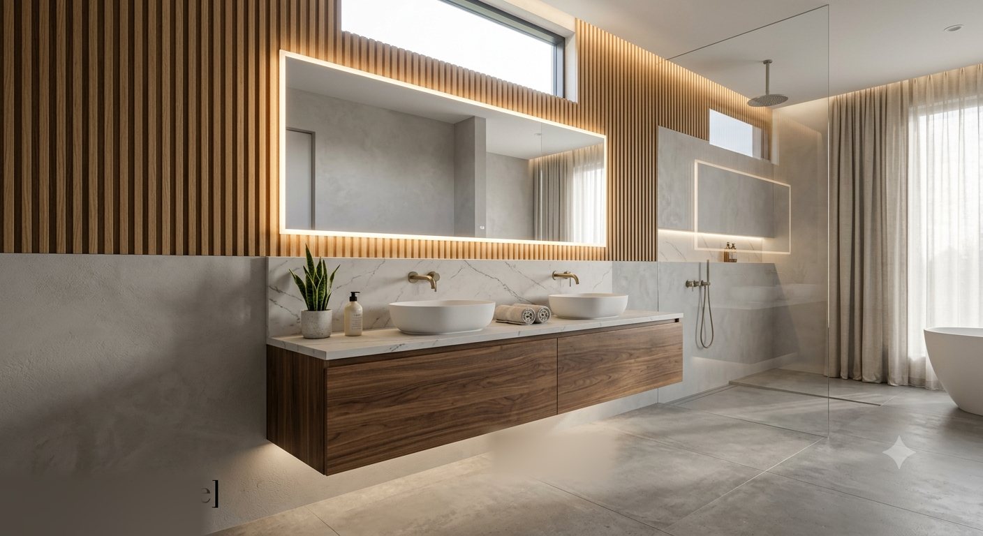 Salle de bains, double vasque en noyer