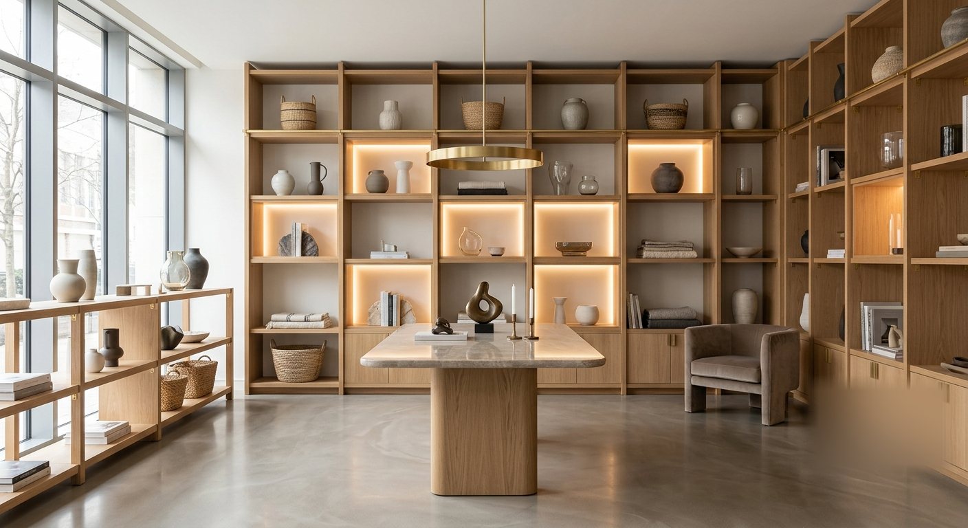 Showroom avec présentoirs en chêne et îlot de présentation