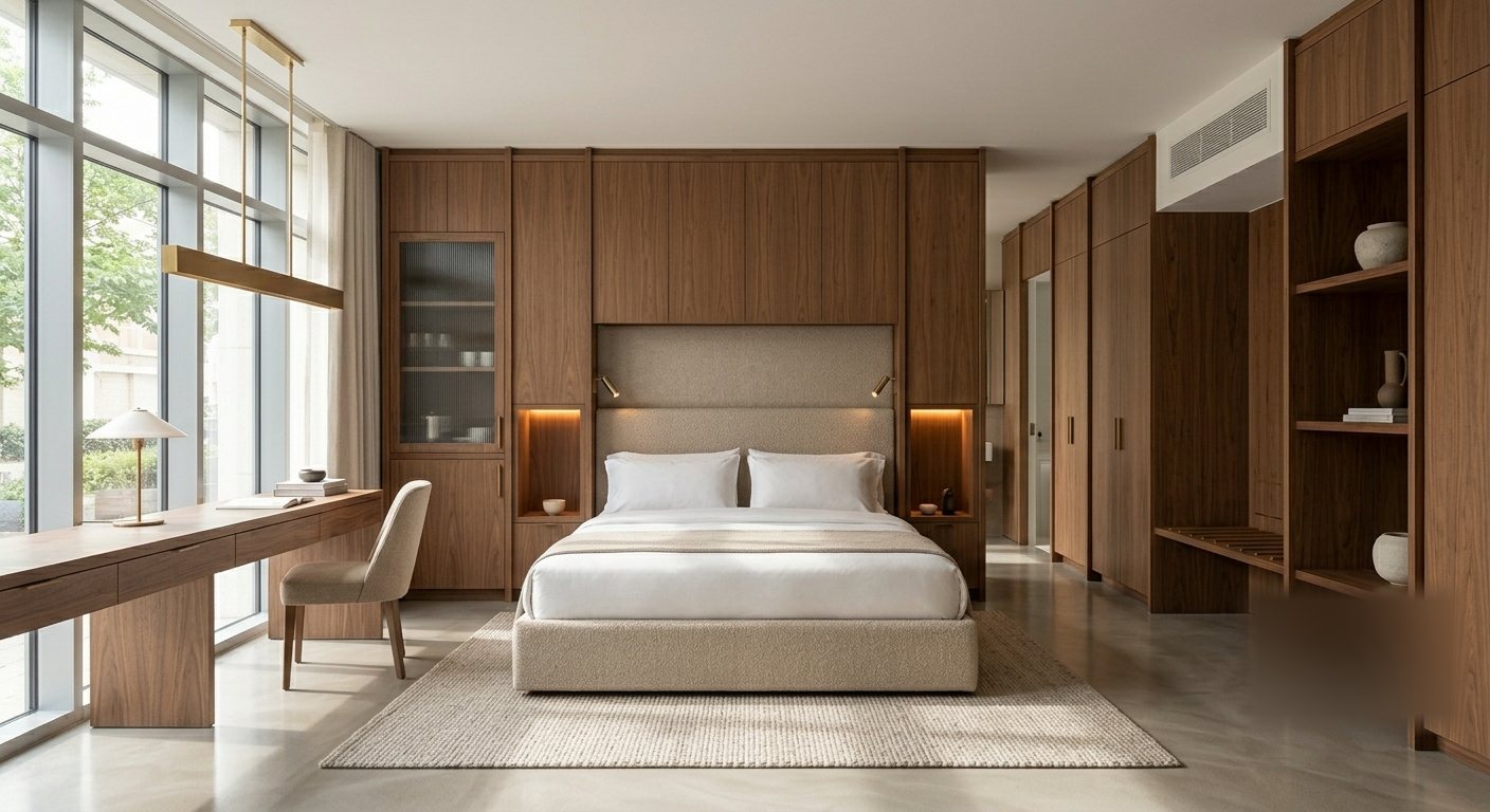 Suite d'hôtel, chambre aménagée en noyer